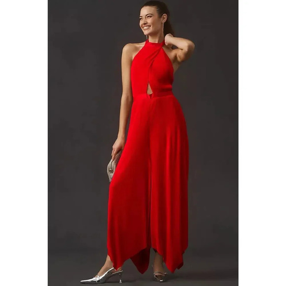 NWD By Anthropologie Plisse Pleated Open Back Halter Jumpsuit Size 6 Red 9C407 - Picture 1 of 14